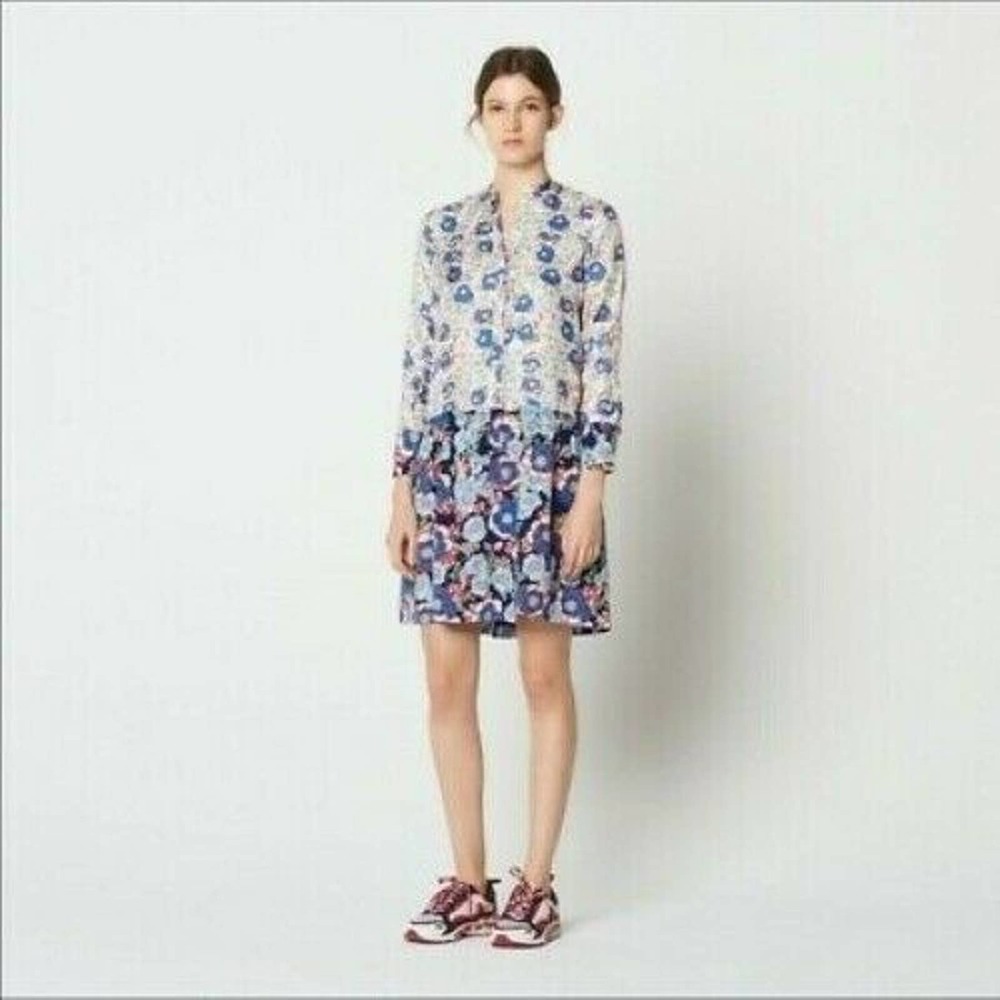 Sandro Womens Kimberly Dropped Waist Dress Blue Red Floral 100% Silk L